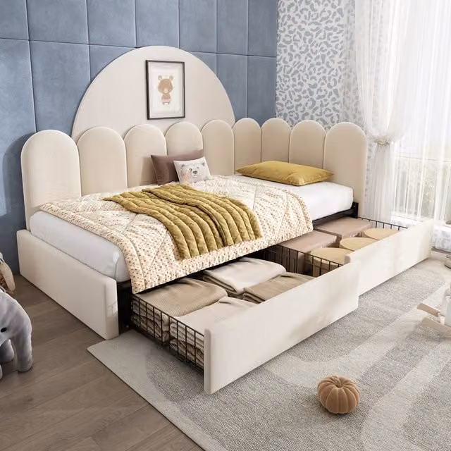 Letto singolo imbottito 90 × 190 cm con due cassetti in velluto beige con rete a doghe e sponde intercambiabili