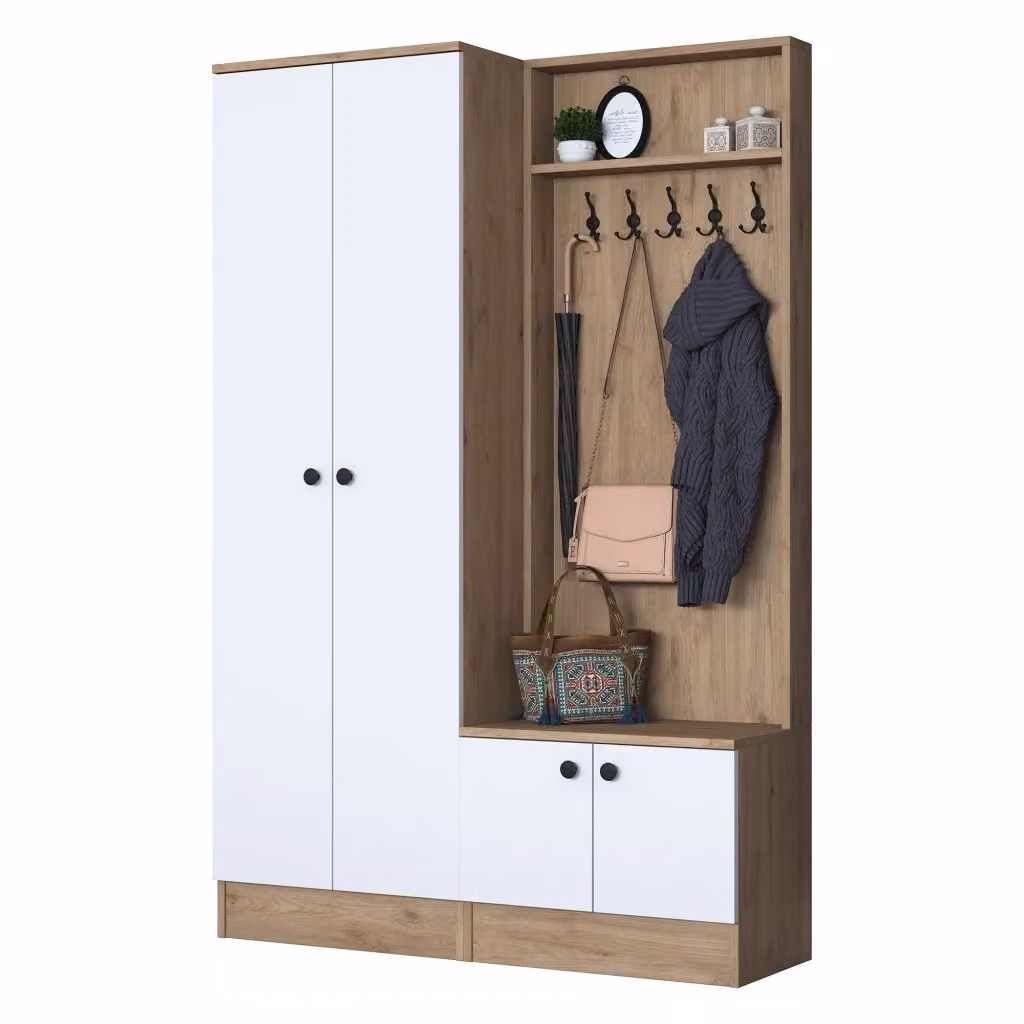 DMORA Mobile da Ingresso Moderno con 5 Ripiani, Bianco e Rovere, L: 120 cm, P: 36 cm, H: 183 cm – 2