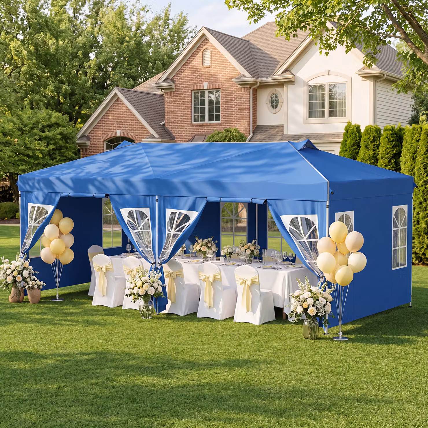 Gazebo da esterno pieghevole Costway Blu con pareti rimovibili e strisce riflettenti L: 6 m, P: 3 m