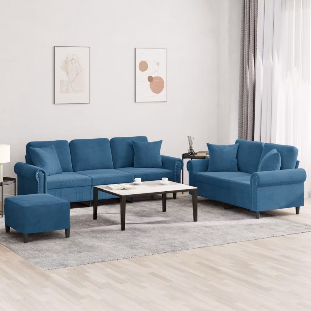 Set di Divani vidaXL in Velluto Blu con Pouf e Cuscini per Soggiorno Moderno – 1