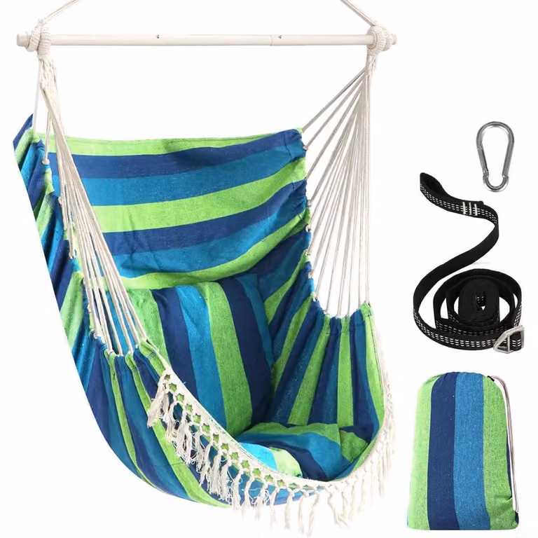 Sedia a dondolo sospesa, blu e verde a righe, con 2 cuscini, struttura in acciaio, portatile, adatta per interni ed esterni