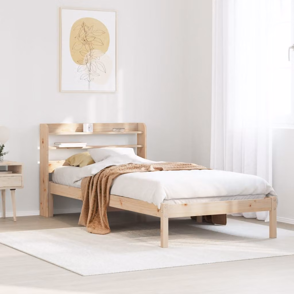 vidaXL Letto in Legno Massello di Pino Marrone con Ripiani Laterali 90x190 cm