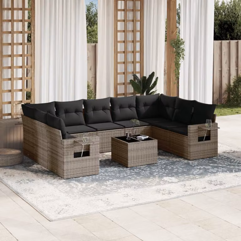 vidaXL Set Divano da Giardino 10 pz a L con Cuscini Grigio in Polyrattan e Tavolino da Esterno