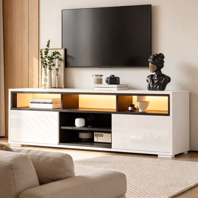 Mobile TV con LED due ante push to open e passacavi in pannello truciolare lucido per soggiorni piccoli 150 × 35 × 50 cm