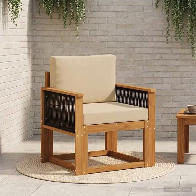 Divano centrale componibile per esterno in legno di acacia massello naturale con cuscini beige
