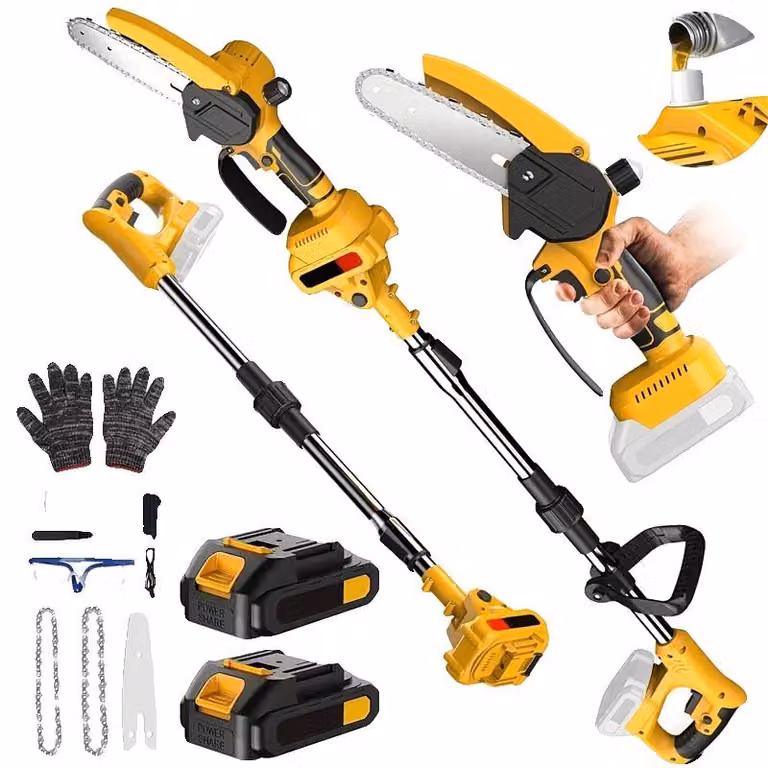 Troncatrice a catena elettrica, asta telescopica, batteria ricaricabile. Include 2 batterie