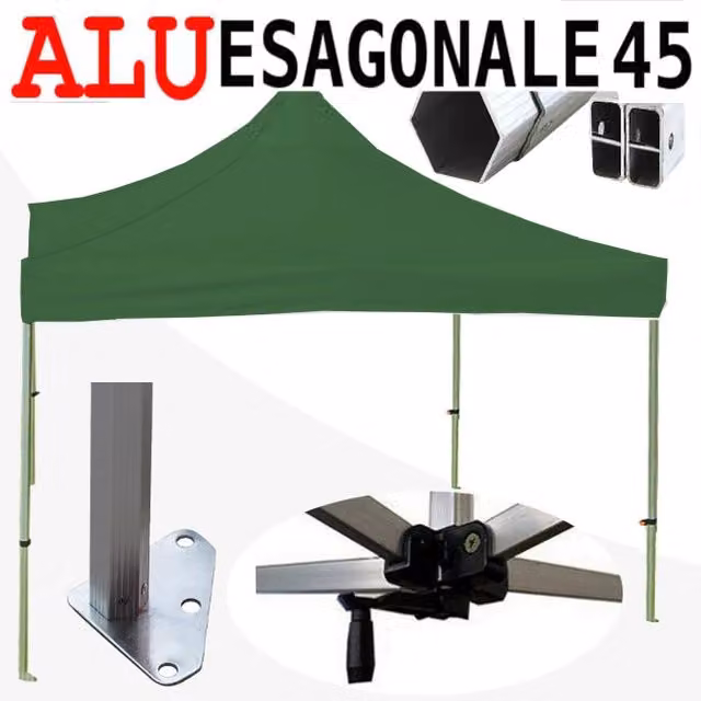 Gazebo 3x3 m verde SENZA laterali pieghevole alluminio piantone esagonale 45mm portatile estendibile richiudibile estensibile acciaio per fiere eventi stand chiosco tenda tendone mercato mercatino