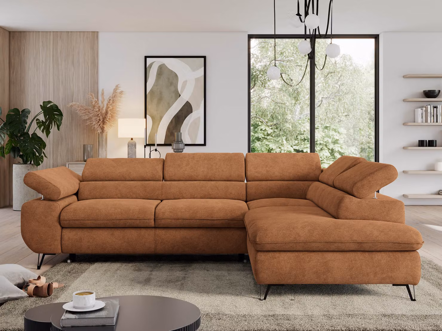 Divano, divano angolare a L, con funzione letto e poggiatesta regolabili, box letto - PEDRO L - Struttura - Arancione - Destra
