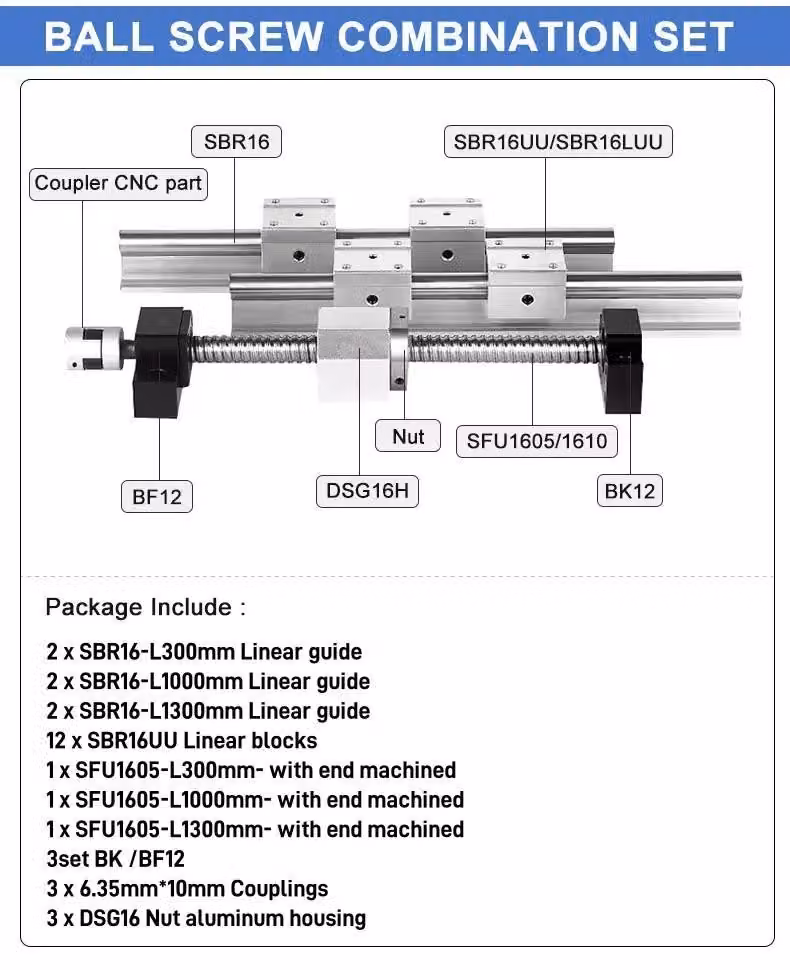 Set di guide lineari, movimento preciso, costruzione robusta, modello SBR16, lunghezze disponibili: 300/1000/1300 mm
