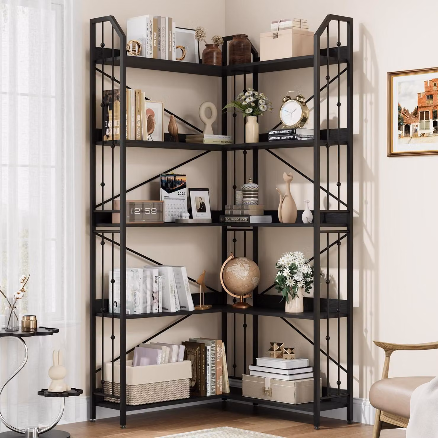 Libreria a 5 ripiani, scaffale angolare, 183 cm, legno e metallo, colore nero