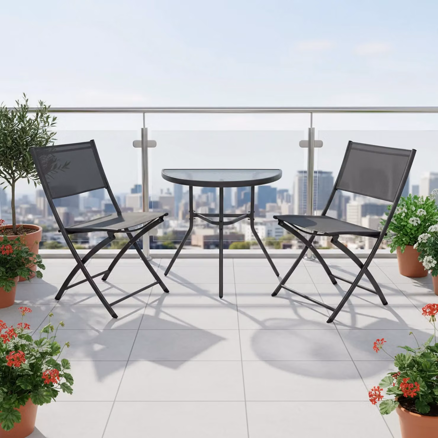 Set da giardino Vestiamo Casa Giardino composto da tavolo rotondo in vetro e 2 sedie richiudibili in acciaio nero per balcone e terrazzo – 2