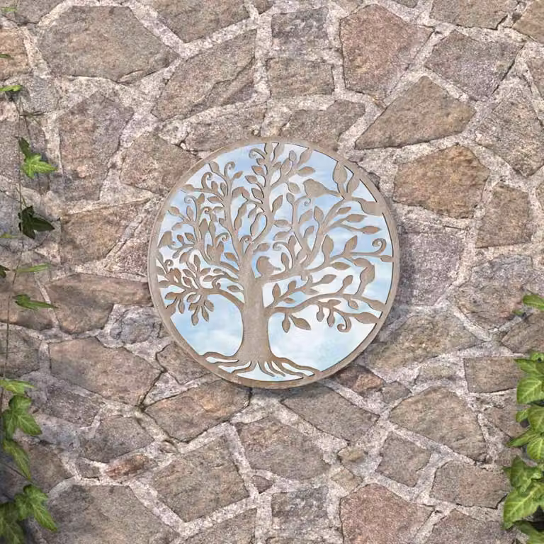 Specchio da giardino rotondo vidaXL in metallo e vetro, colore sabbia, Diametro: 40 cm, Profondità: 2,5 cm