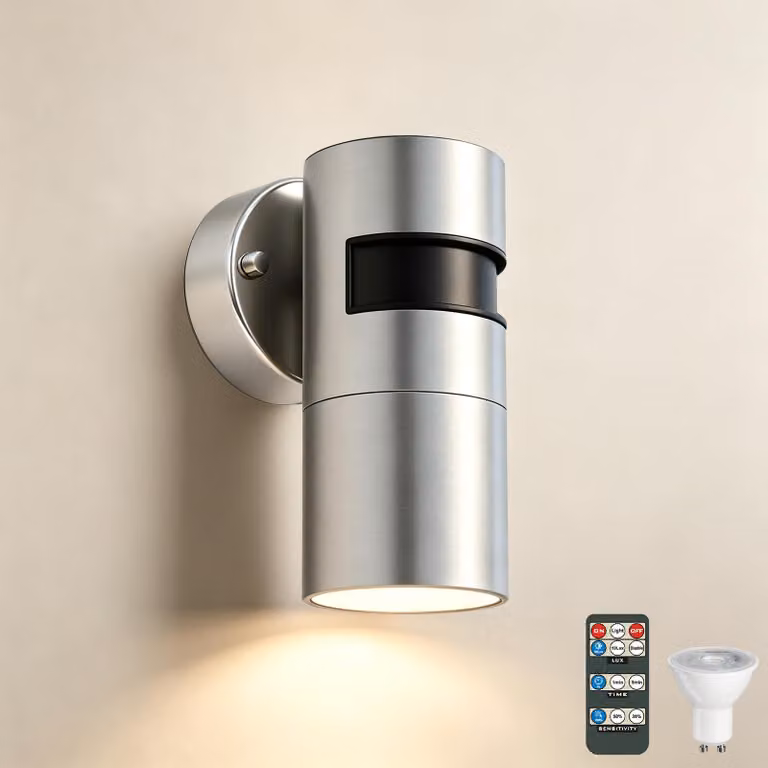 Lampada da parete con sensore di movimento a radar, telecomando, grado di protezione IP65, colore argento