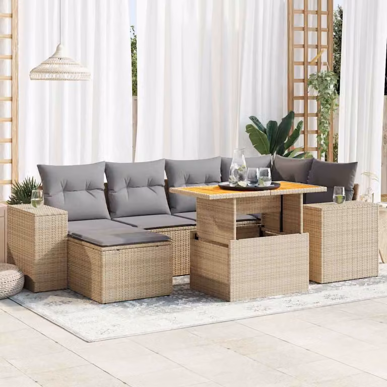 Set da giardino vidaXL composto da 7 pezzi con divano ad angolo, tavolino e pouf in rattan e metallo con cuscini beige e grigi