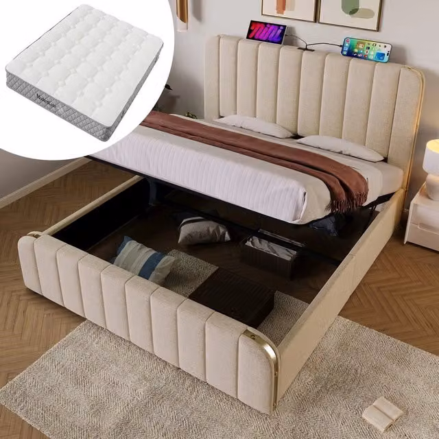 Letto imbottito matrimoniale con materasso ¨C Minimal ¨C Beige tessuto 140x200cm idraulico con USB tipo C testiera