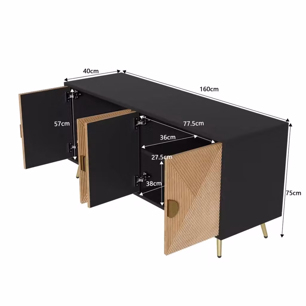 Sideboard moderno REDOM con 4 ante, finitura nero, oro e marrone, L/P/H: 160 x 40 x 75 cm – 2