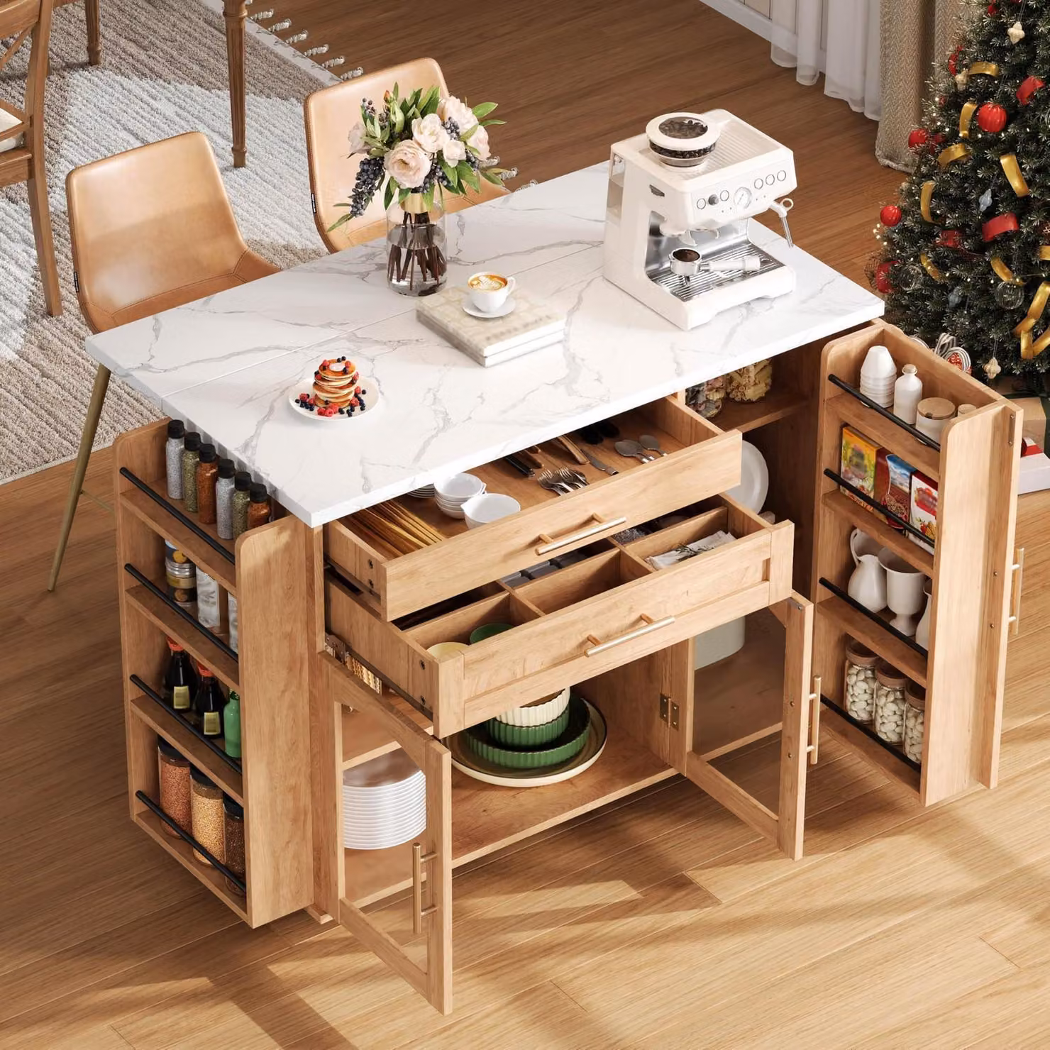 Isola da cucina con piano di lavoro pieghevole, dimensioni 120x45(70)x90 cm, finitura naturale