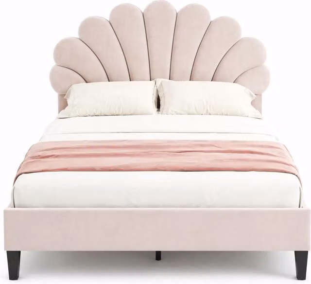 Letto matrimoniale 140x200 cm in velluto beige con testiera a fiore e rete a doghe