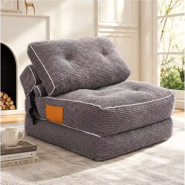Poltrona letto pieghevole in velluto a coste grigio, 52×42×39 cm