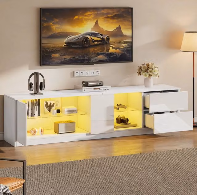 Mobile TV bianco lucido 160x40x52 cm con LED e vetro temperato, supporta TV fino a 65"