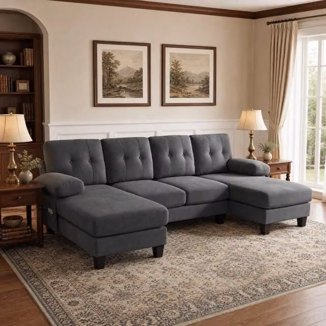 Divano angolare a U 268 cm in ciniglia grigio con doppia chaise longue HOMVRA