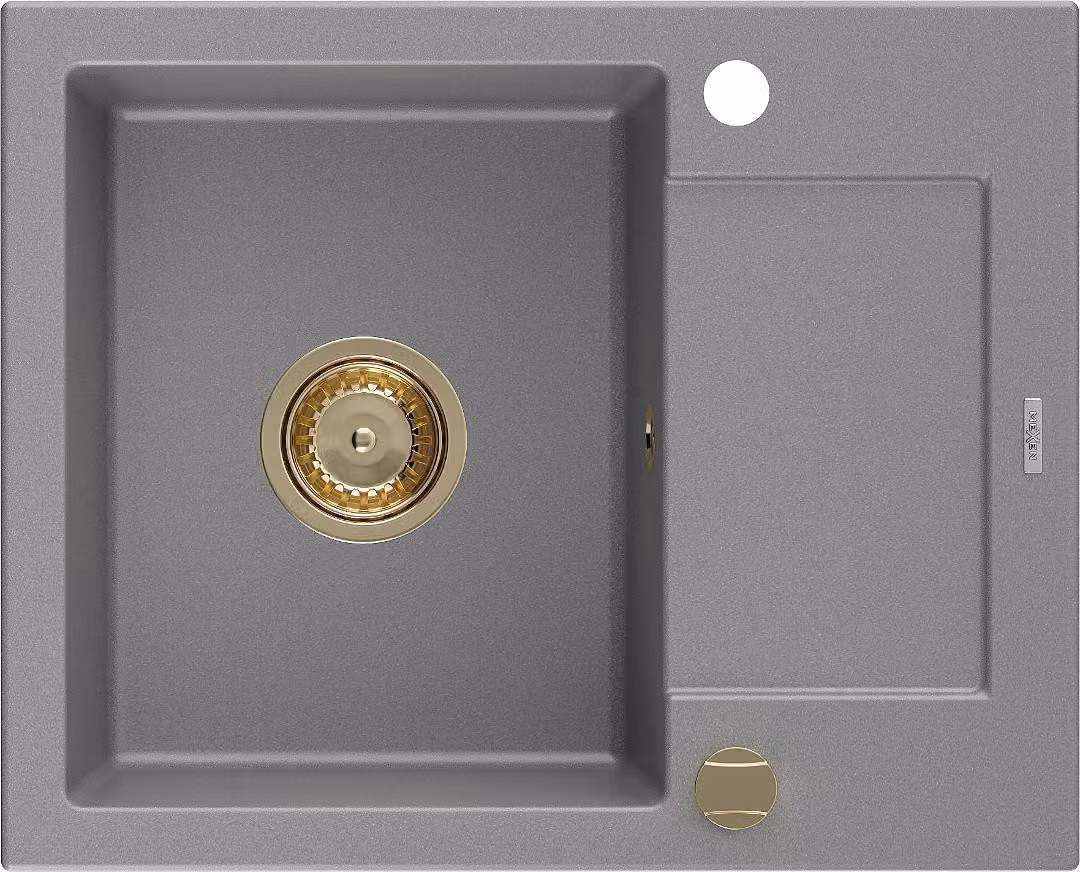 Mexen Enzo lavello in granito 1 vasca con gocciolatoio 576 x 465 mm, grigio, sifone dorato - 6506571005-71-G