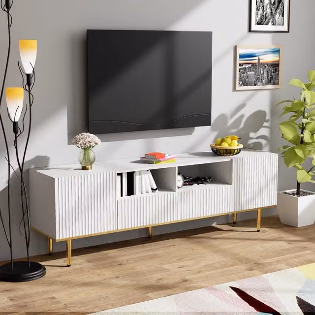 Mobile TV Mivray moderno bianco e oro con due vani e due cassetti per soggiorno L 165 x P 36 x H 55 cm