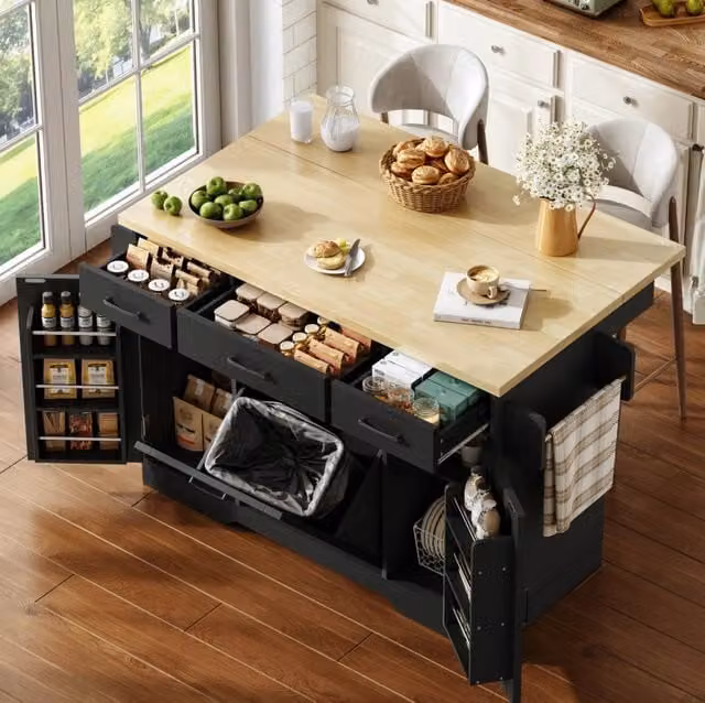 Isola cucina con piano ribaltabile 120x70x87 cm in MDF nero; carrello con ruote e porta spezie