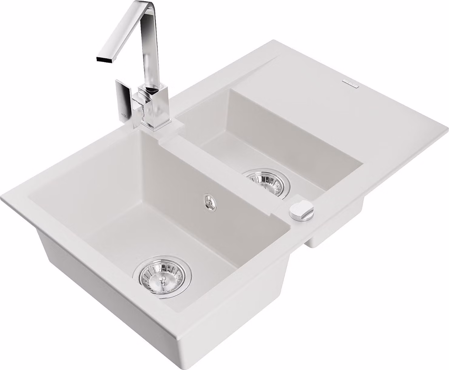 Mexen Gaspar lavello in granito 1,5 vasche con sgocciolatoio e rubinetto da cucina Rita, bianco - 6507-20-670300-00
