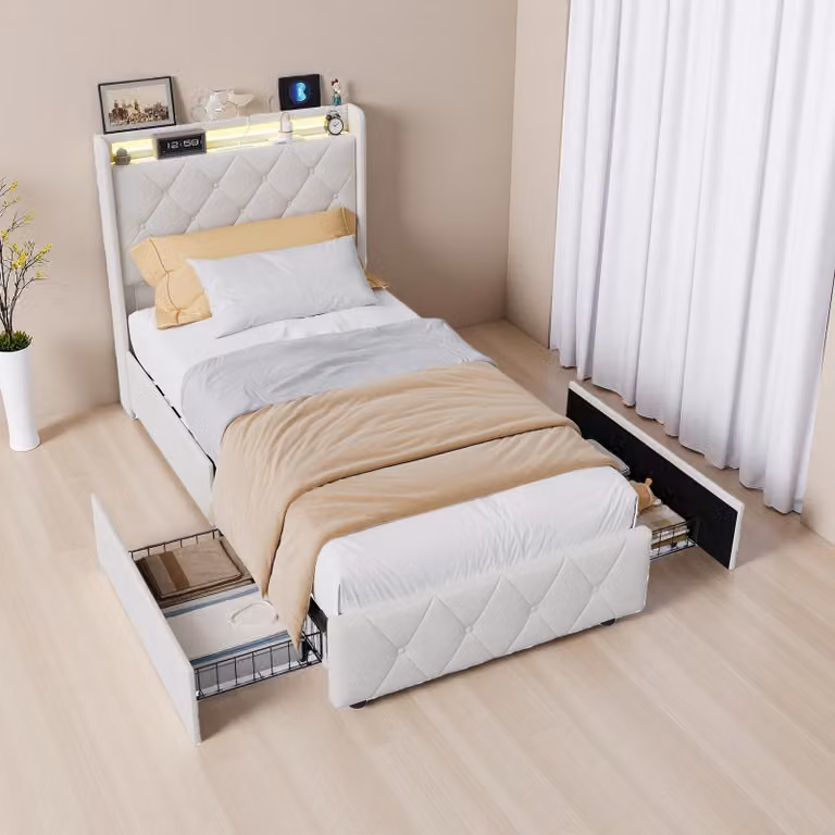 Letto imbottito ProximaX 90x200 cm in velluto beige, illuminazione a LED e stazione di ricarica, letto con 2 cassetti e vano portaoggetti nella testiera