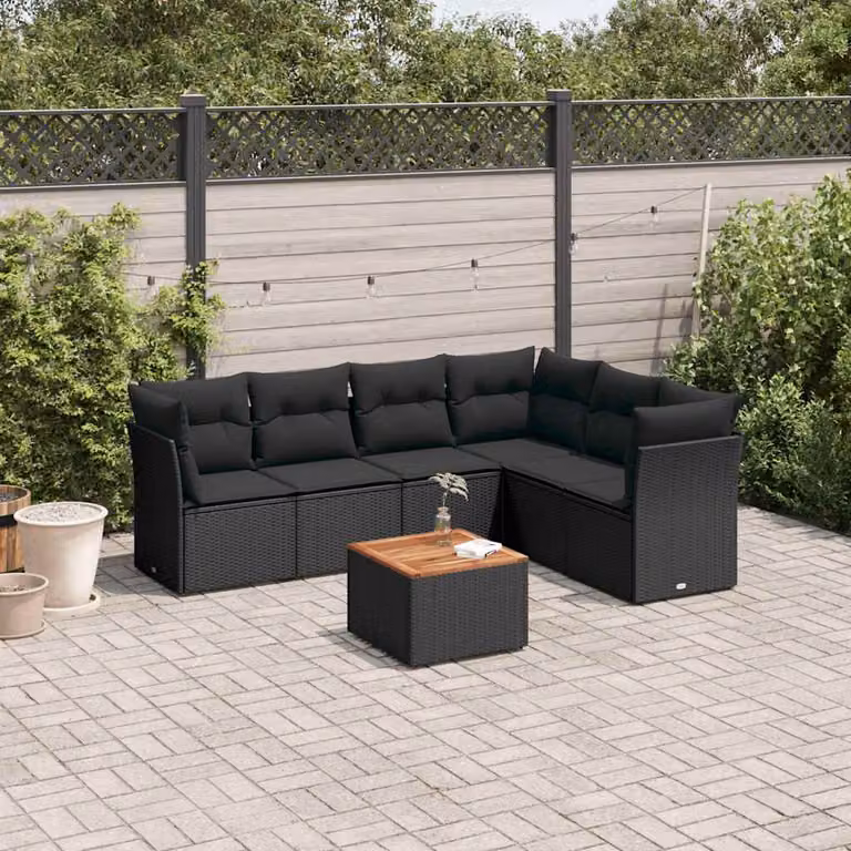Set Divani da Giardino a L vidaXL in Polyrattan Nero con 7 Cuscini e Tavolino da Esterno