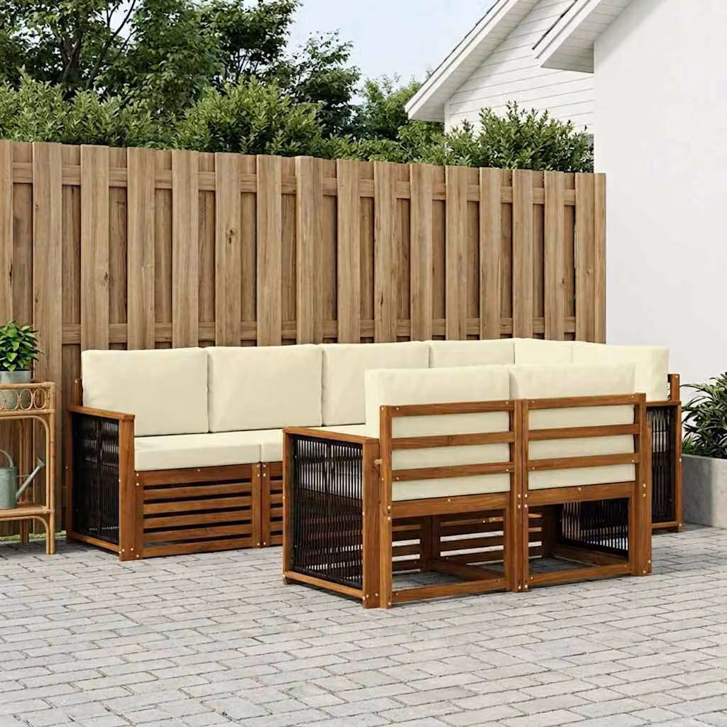 Set di divani da esterno vidaXL in legno di acacia con cuscini, composizione a L moderna, colore beige e bianco
