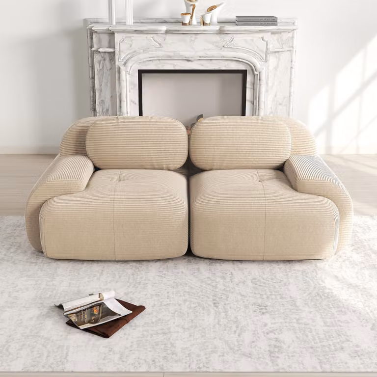 Divano Sweiko 82'' in tessuto a coste, componibile con braccioli curvi e fondo antiscivolo, rivestimento altamente elastico per soggiorno, camera da letto e home cinema, beige