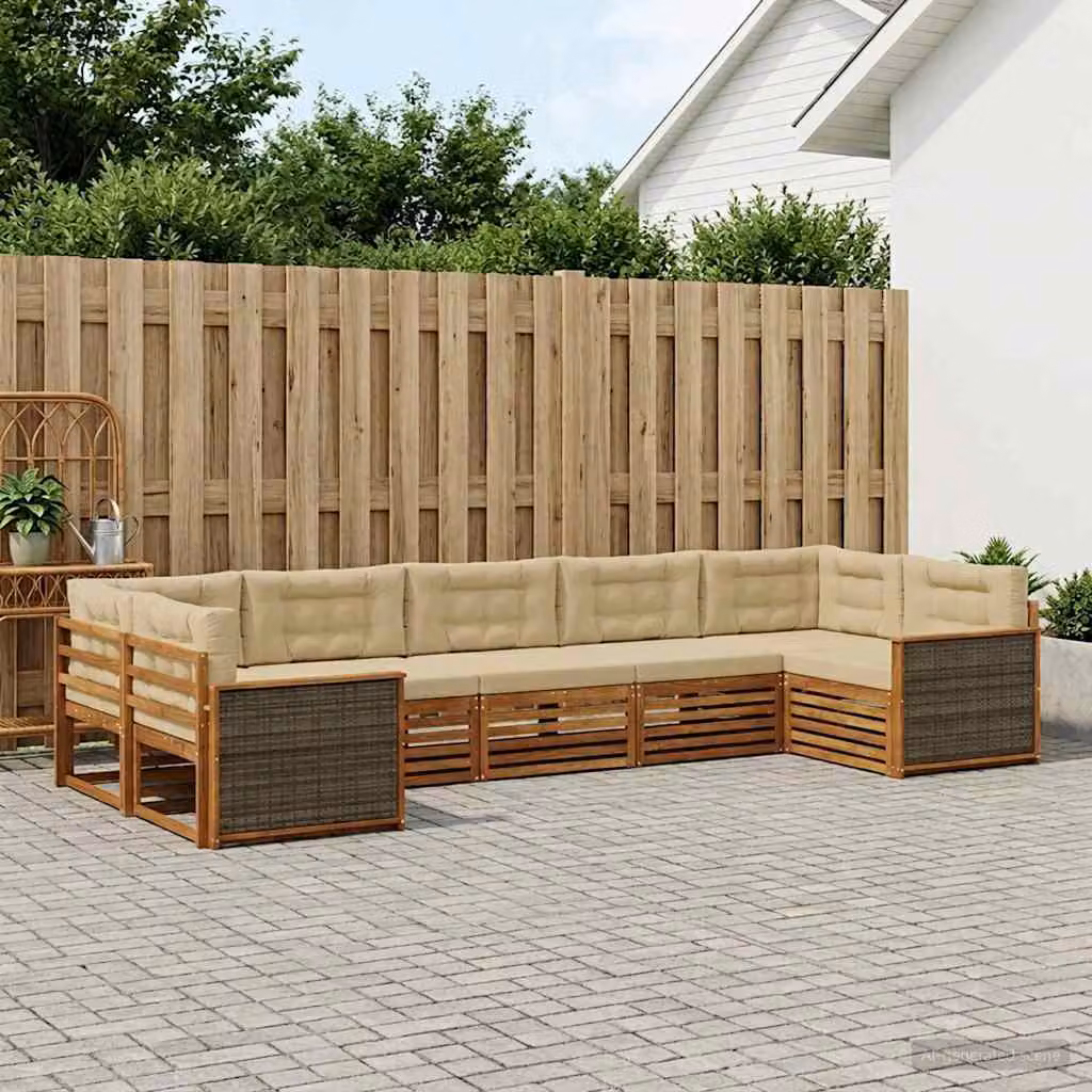 Set di divani da esterno vidaXL a forma di U composto da 7 pezzi in legno di acacia con cuscini beige e marrone