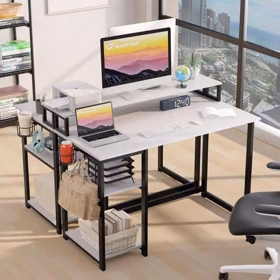 Scrivania con supporto per monitor e ripiani reversibili, 120x55 cm, bianca, scrivania da lavoro a casa