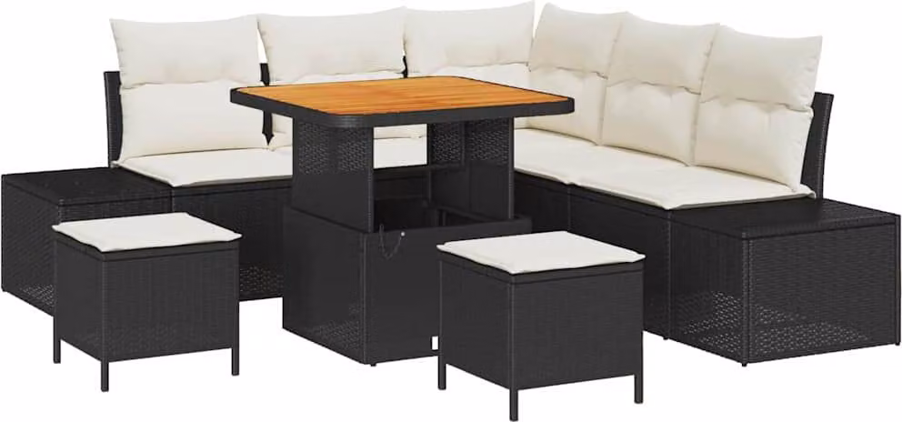 Set Divano da Giardino con cuscino 8 pcs Nero Poly Rattan