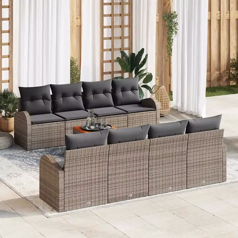 Set Divano da Giardino vidaXL 9 Pezzi Grigio con Cuscini e Tavolino in Polyrattan e Acciaio