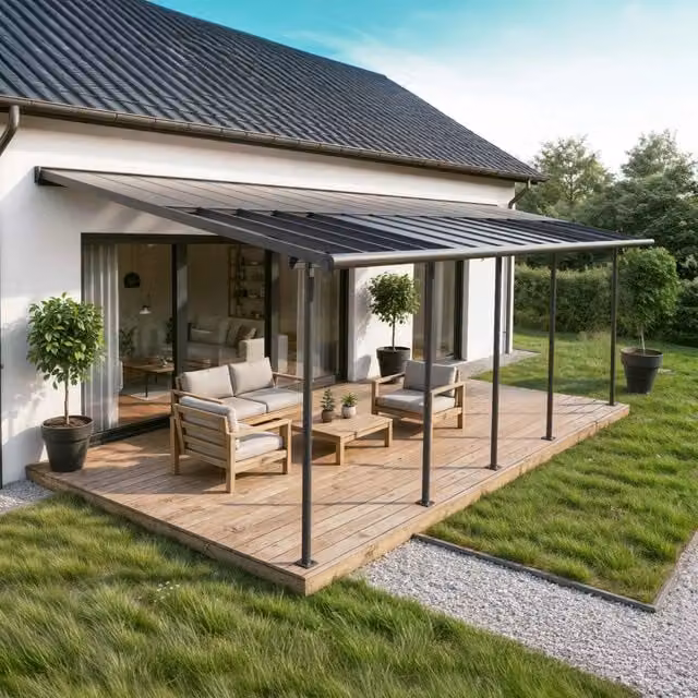 Pergola addossata Palram Canopia Sierra Cabrio in alluminio e policarbonato, colore grigio, L: 970 cm, P: 300 cm – 1