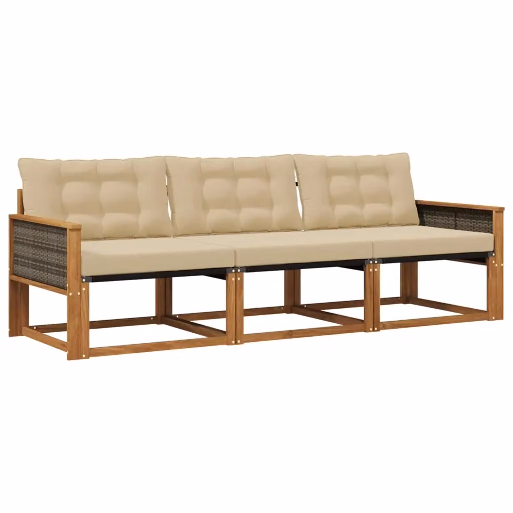 Set di divani da esterno 3 pezzi vidaXL in legno di acacia e textilene, colore marrone e beige con cuscini inclusi – 2