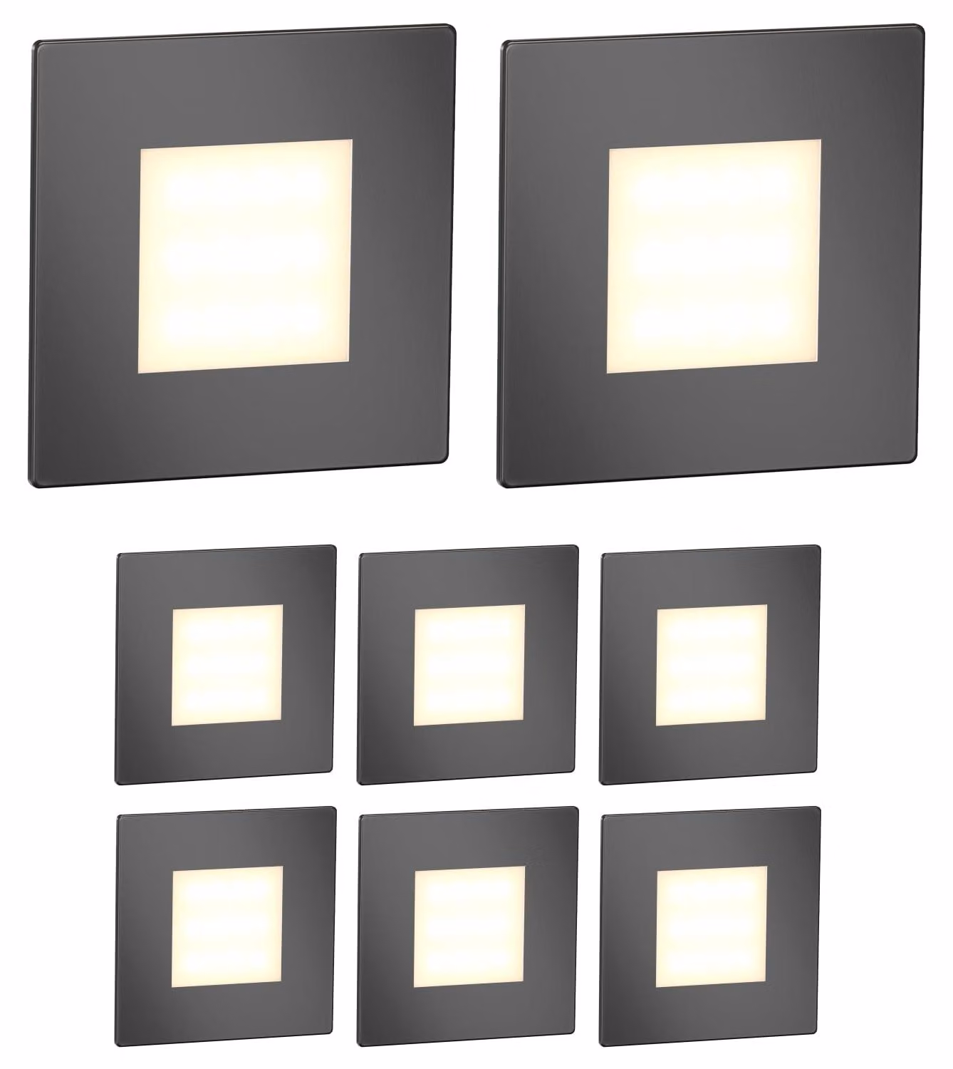 Lampada a LED da incasso, modello FEX, set da 8 pezzi, quadrata, color antracite, dimensioni 85x85 mm, luce bianco caldo