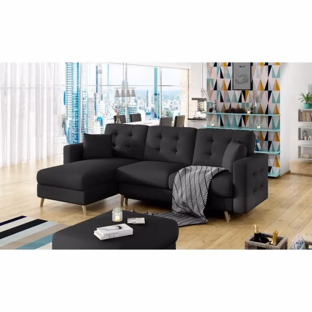 Divano angolare trasformabile HASGARD MEUBLORAMA nero con vano contenitore e piedi in legno, L: 248 cm, P: 162 cm – 2