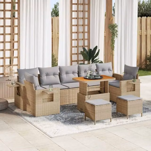 Set Divano da Giardino Moderno vidaXL in Acciaio Verniciato a Polvere e Legno di Acacia, 10 Pezzi con Divano a 3 Posti, Ottoman e Tavolino, Colore Beige e Grigio – 1
