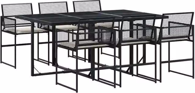 Set da Pranzo da Giardino 7 pz | Set Salotto da Giardino Nero con Cuscini in Polyrattan