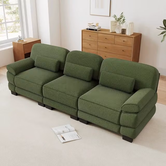 Divano modulare verde in velluto a coste; configurazione flessibile; 265 x 88;5 x 94 cm