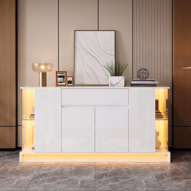 Mobile bar con ante lucide, dotato di 2 vetrine in vetro, comò con cassetto e ante, mobile contenitore con illuminazione a LED, armadio per il soggiorno, realizzato in pannello di particelle di legno, colore bianco