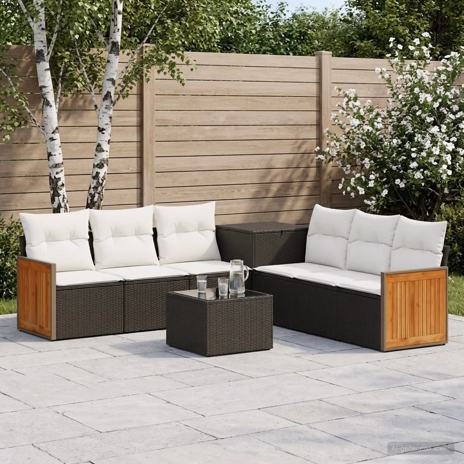 Set di divani da giardino vidaXL a forma di U in polyrattan nero e bianco crema con cuscini e tavolino da caffè