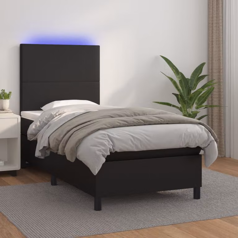 vidaXL Giroletto a Molle con Materasso e LED Nero in Similpelle, L/P/H: 90 x 190 cm