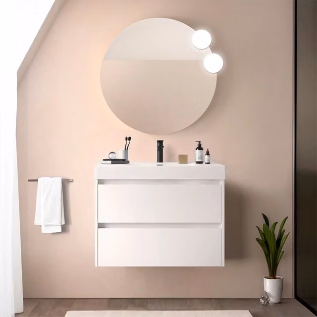 Mobile bagno sospeso 80 cm bianco lucido con due cassetti e lavabo in resina Gaya