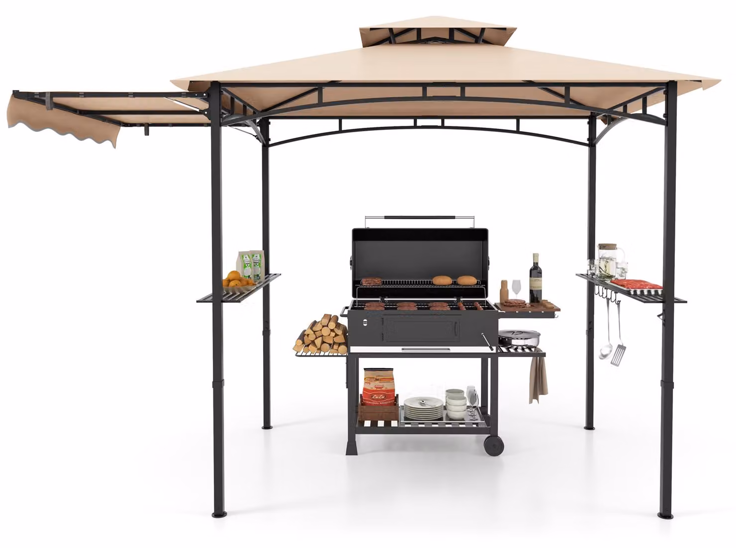 Gazebo con barbecue COSTWAY con tenda laterale, doppio tetto, 2 mensole laterali e ganci, gazebo da giardino con copertura per barbecue resistente alle intemperie 318x153x250 cm Beige