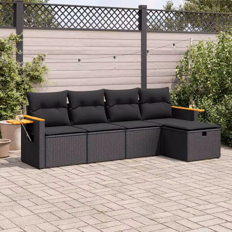 Set Divani da Giardino vidaXL 5 pz in Polyrattan Nero con Cuscini e Ottoman